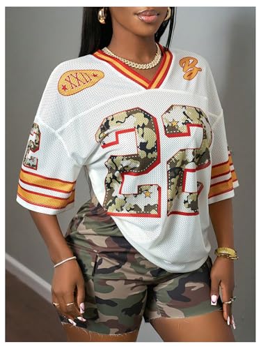 Women's Number Print Mesh Jersey Shirt Color Block V Neck Short Sleeve Football T-Shirt3