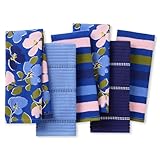 Kate Spade New York Painterly Bouquet & Bold Painterly Stripe Kitchen Towels 6-Pack Set, Absorbent 100% Cotton, Blue/Green/Rose, 17'X28'