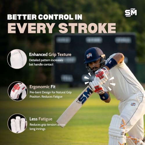 Image of SM Strike Batting Gloves Men's Size | Cricket Gloves | Calf Skin Leather Palm | Fibre Mould Infused Protection | Pre-Bent Hinged Fingers | Moisture-Wicking Comfort | Club Cricket | Size Men's