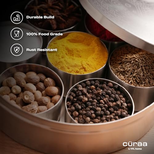 Image of CURAA Stainless Steel Masala Dani | By Chef Sanjyot Keer | Masala Box for Kitchen with Spoon (Pure Steel, 7 Detachable containers, 100 ML) | Spice Storage Container | Spice Box for Kitchen Gift