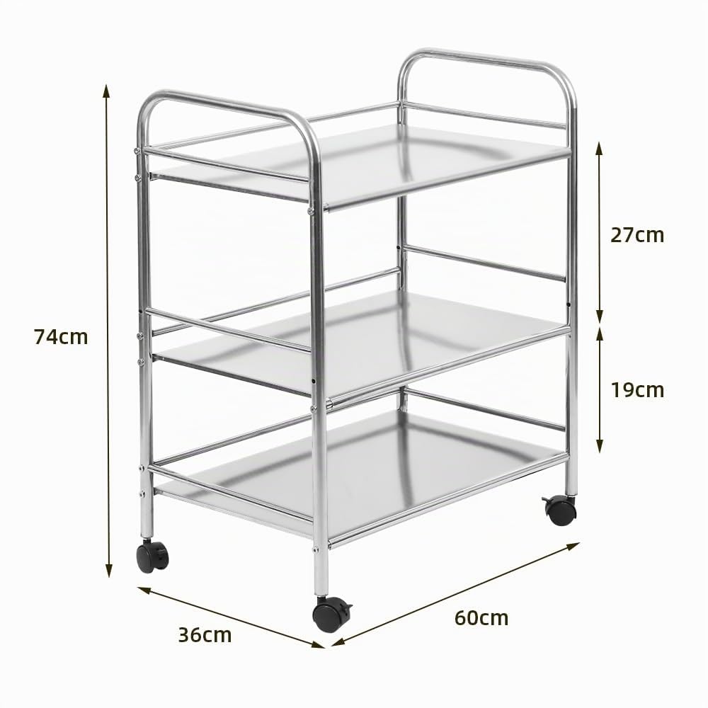 HUOLE Carro de Servir de Acero Inoxidable, con 3 Niveles de Capacidad, 150 kg, Carro de Acero Inoxidable con Ruedas, Carrito de Cocina, Restaurante, Hotel, Carrito de servicio-61 * 36 * 75 cm-Plata