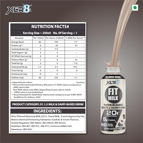 Image of XLR8 FitMilk Protein Milk | 20g Protein Milkshake 250ml (Pack of 2) | 5g Fibre | Cookies & Cream | No Added Sugar | Contains Prebiotic Fiber | Ideal for Early Mornings, Pre & Post Workouts Energy Drink