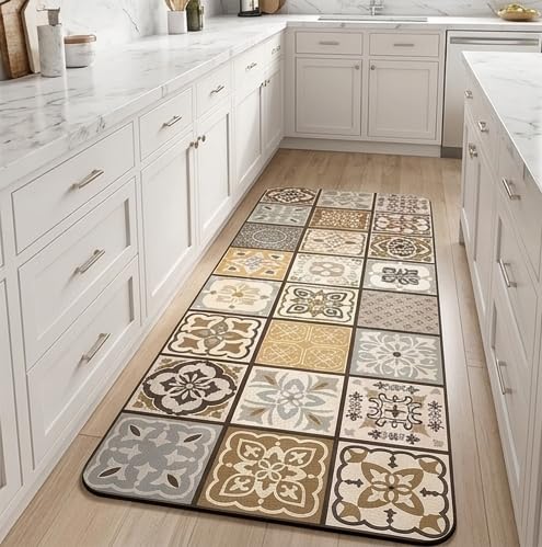 Image of HomeCloud Rubber Kitchen Mats for Floor Set of 2 Pcs | Non-Skid, Soft Absorbent Rugs for Kitchen, Laundry, and Hallway | 120x40cm, 40x60cm| 4mm Thickness (Beige Tan Multi)