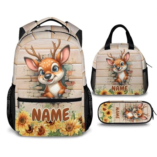 Boys Backpack, Personalized Deer Backpacks, Custom Funny Kids Bookbag, Preschool Elementary Kindergarten School Bag for Boys, Set of 3 17 Inch Animal Bookbags for School Travel