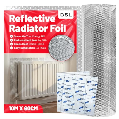 DSL Radiator Reflector Foil 10m x 60cm – 3.6mm Thick Bubble Wrap Insulation Roll – Energy Saving Helps Winter Bills Radiator Foil Reflective Insulation Roll Heat Deflector for Home Heating Efficiency