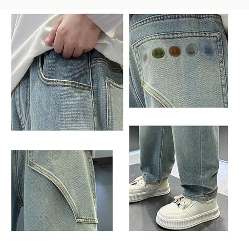 Boys Ripped Jeans Distressed Elastic Waist Baggy Denim Pants Wide Leg Straight Trousers Y2k Streetwear Pants 4-14Y3