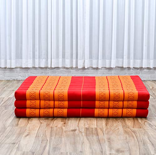 Image of Leewadee Trifold Mattress XL - Comfortable Thai Massage Pad, Foldable Relaxation Floor Mattress Filled with Kapok, Perfect to Use as a Sleeping Mat 79 x 39 inches, Orange Red