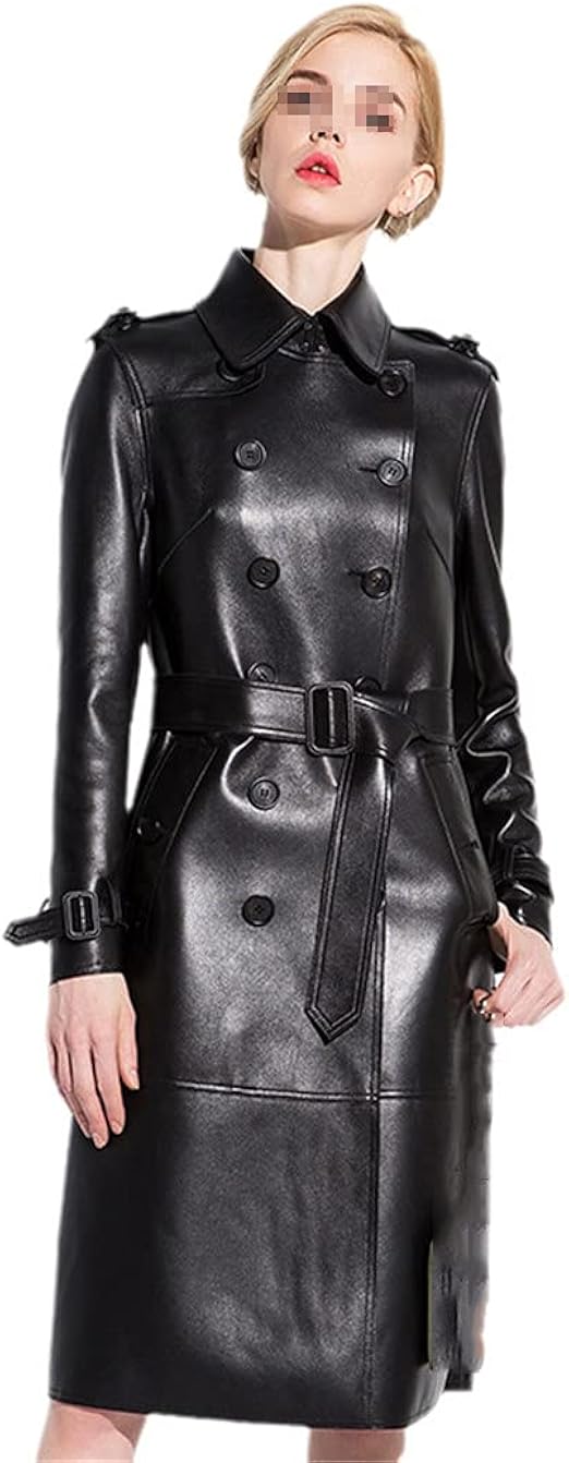 Women Long Black Leather Trench Coat, Long Sleeve Belt Double Breasted