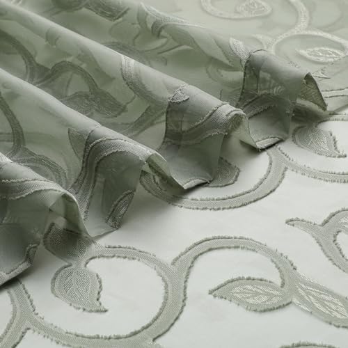 OWENIE Sage Green Semi Sheer Curtains 84 inches Long for Bedroom Living Room 2 Panels Set, Light Filtering Semi Sheer Curtains Elegant Clip Jacquard, Rod Pocket Window Treatments, 2 Pcs = 84" Width