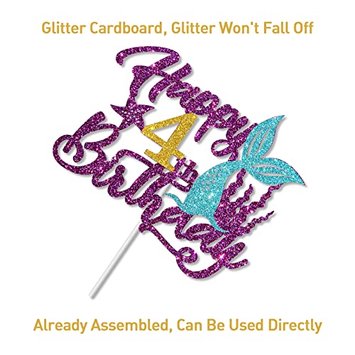 Mermaid Happy 4Th Birthday Cake Topper, Purple Glitter Sea Four Cake Decor, 4Th Birthday Ocean World Theme Party Decorations Party Supplies #TOP2