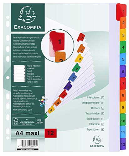 Exacompta - Réf. 4112E - Intercalaires en carte blanche 160g/m2 FSC® avec 12 onglets imprimés numériques de 1 à 12 en couleur - Page d'indexation...