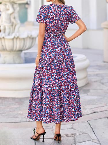 Image of BTFBM Womens Summer Floral Maxi Dresses V Neck Short Sleeve Boho Casual Flowy Long Wedding Guest Dress Beach Vacation