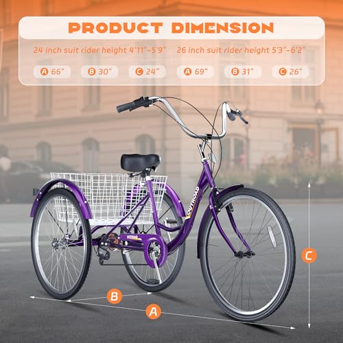 Max4out 7-Speed Adult Tricycle with Large Basket 24/26 Inch, Stable 3-Wheel Cruise Bicycle for Shopping, Beach and City Trike Perfect for Men, Women, Seniors (24-Purple) - Thumbnail 6