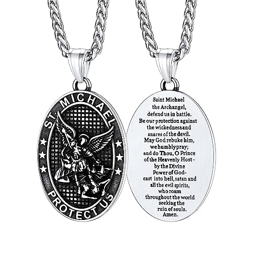 FaithHeart Saint Michael Necklace, Stainless Steel/18K Gold Plated St Michael the Archangel Pendant Amulet for Men Women with Gift Packaging 00. Oval-Silver Stainless Steel
