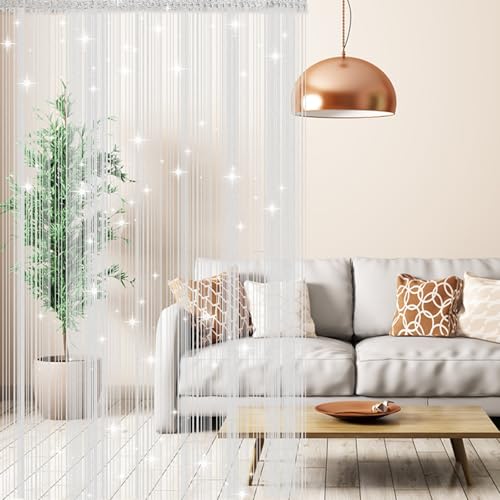 DAWRIS 2 Stück Fadenvorhang Set, 100 X 200 cm Fadenvorhang Glitzer Silbergrau Fliegenvorhang Balkontür Kürzbar Türvorhang Fransenvorhang für Hochzeit, Café, Restaurant, Türen, Fenster