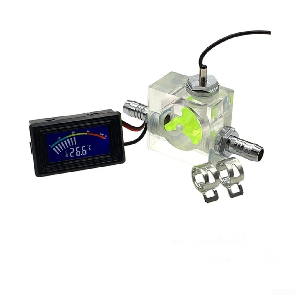 Three-Way Flow Meter with LED Thermometer - For Water Cooling System, Acrylic Liquid Cooler Gauge with Pagoda Clip Connectors and Hose Clamps(green pointer)