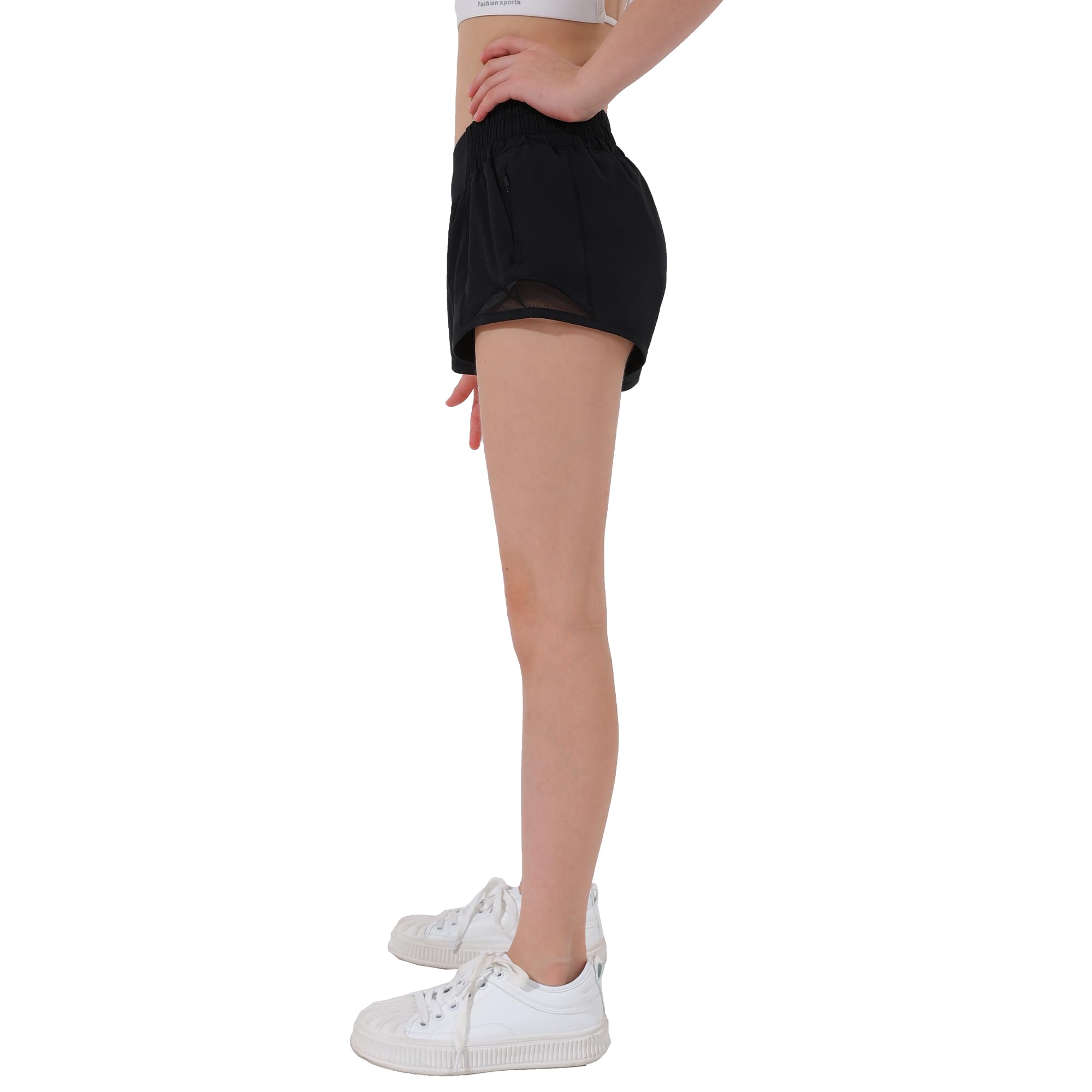 Aurefin Girls Athletic Shorts, Lightweight Running Shorts for Teen Girls Kids Sports Active Shorts with Zip Pocket and Elastic Black/M