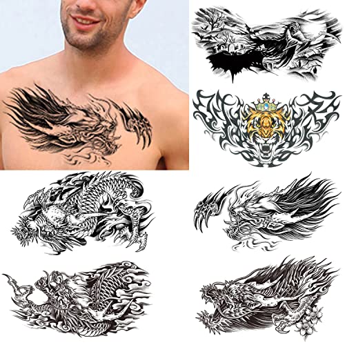 THAPOR Dragon Temporary Tattoo for Men, 6-Pack Large Realistic Back Chest Tattoos Stickers,...