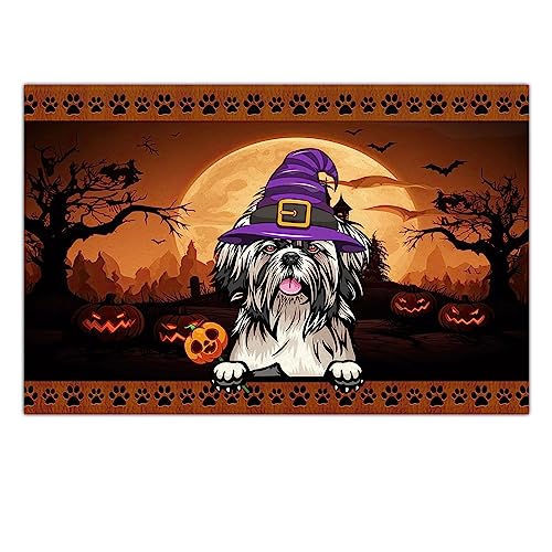 kobalo Halloween Door Mat Outdoor Rug Personalized Dog Mats Shih Tzu Welcome Decorative Doormat for Pet Lover Non-Slip Thanksgiving Fall Autumn Seasonal Holiday Floor Indoor Home Decor