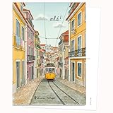 Edition Colibri Postkarte - Illustration Straßenbahn Lissabon | Set mit 10 flachen Karten (A6) – Rückseite zum Beschreiben