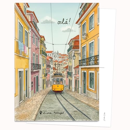 Edition Colibri Postkarte - Illustration Straßenbahn Lissabon | Set mit 10 flachen Karten (A6) – Rückseite zum Beschreiben