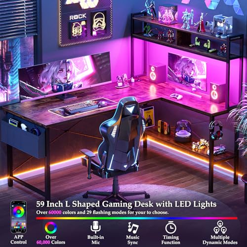 Image of Aheaplus L Shaped Desk Gaming Desk, 59 inch L Shaped Computer Desk with LED Light & Power Outlet, Reversible Home Office Desk Gamer Desk with Shelves & Storage Bag & Hooks, Corner PC Desk, Rustic Brown