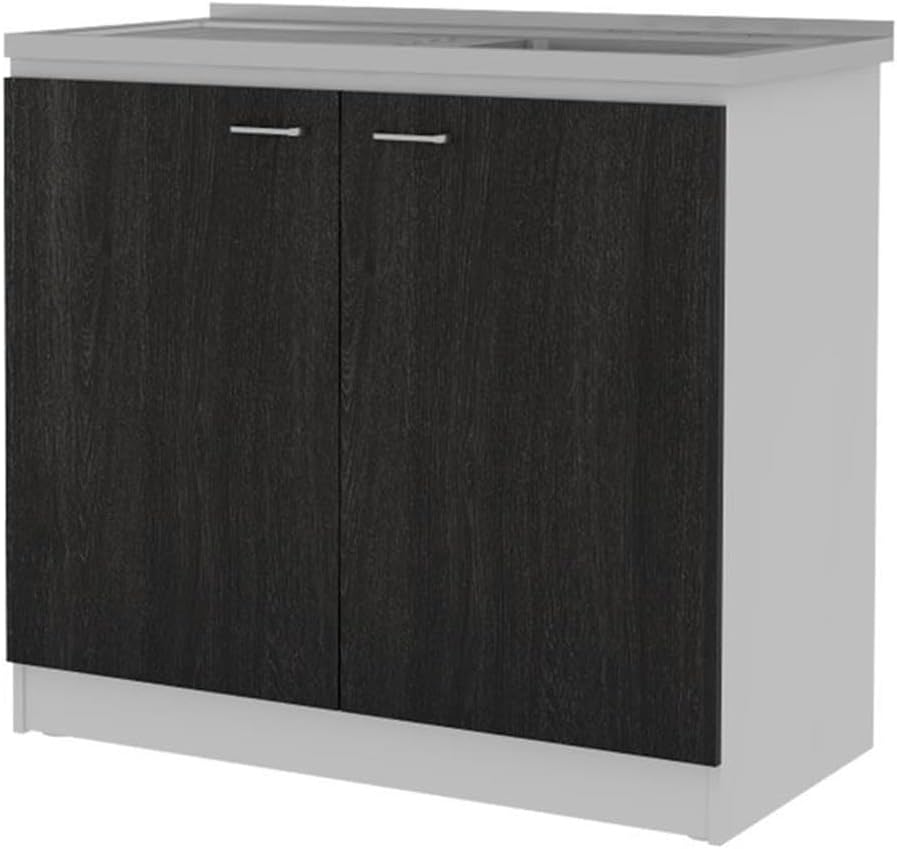 Tuhome Napoles Utility Sink Base Cabinet with Integrated Stainless Steel Countertop, Freestanding Cabinet with Double Doors, Interior Shelf for Laundry Room, Utility Room, Mudroom or Kitchen
