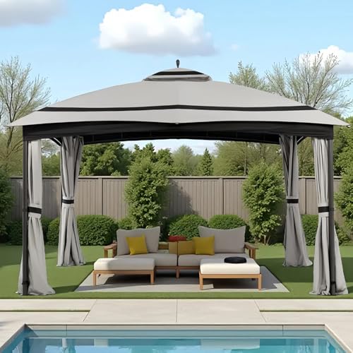 11x13ft Patio Gazebo with Curtains, Sandbags & Double Roof