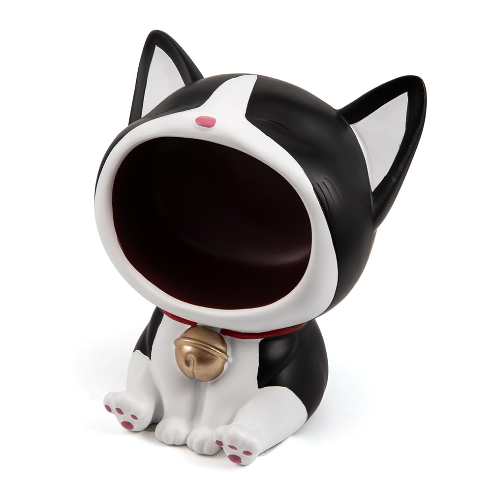 cuenco clave para la mesa de entrada Lucky Cat Statue Candy Dish para la decoración del hogar del arte del escritorio de la oficina (negro)