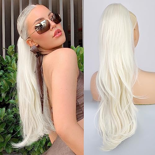 PORSMEER Ponytail Extension,Drawstring Ponytail Hair Extensions Blonde Colour 26 Inch Long Natural Straight Wavy End Synthetic Hairpiece for Women Girls Daily Use