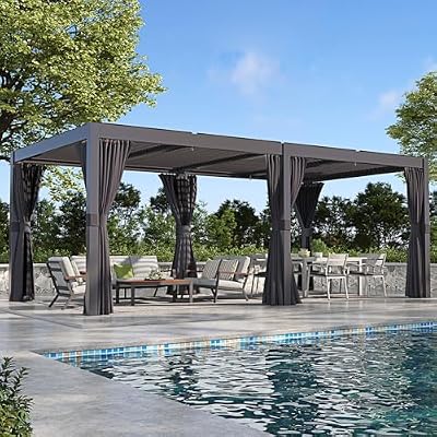 SUNSITT Outdoor Louvered Pergola 10' × 20' Aluminum Pergola with Adjustable Rainproof Roof & Hidden Drainage System, Patio pergola w/Waterproof Curtains and Nets for Deck Porch Garden, Drak Grey