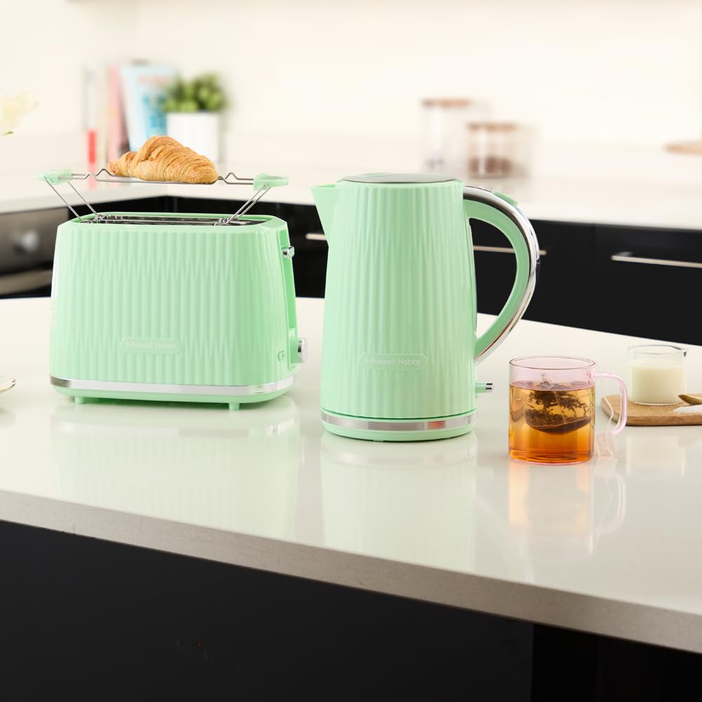 Russell Hobbs Tostapane 2 fette, 6 gradi di doratura, con Pinze, Scongela, Riscalda, Cancella selezione, Vassoio raccogli briciole, Riscalda panini, esterno testurizzato, Eden Pistacchio 27374-56