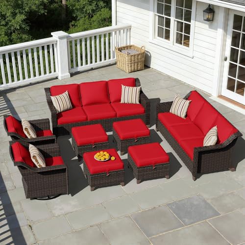 Image of 9 Piece Patio Furniture Set, Wicker Outdoor Conversation Set | Patio Chair Set with Olefin Removable Cushion, All-Weather Outdoor Couch with Deep Seat for Porch, Deck and Backyard, Red
