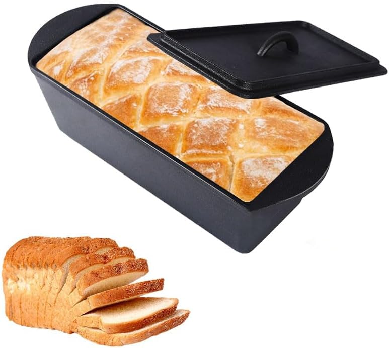 Cast Iron Bread Pan with Lid - 2LB Capacity (13x5 Inch) Large Pullman Loaf Pan for Homemade Bread - Non-Stick，Dual Handle, Pre-Seasoned, Rust-Resistant (Black-Cast Iron)