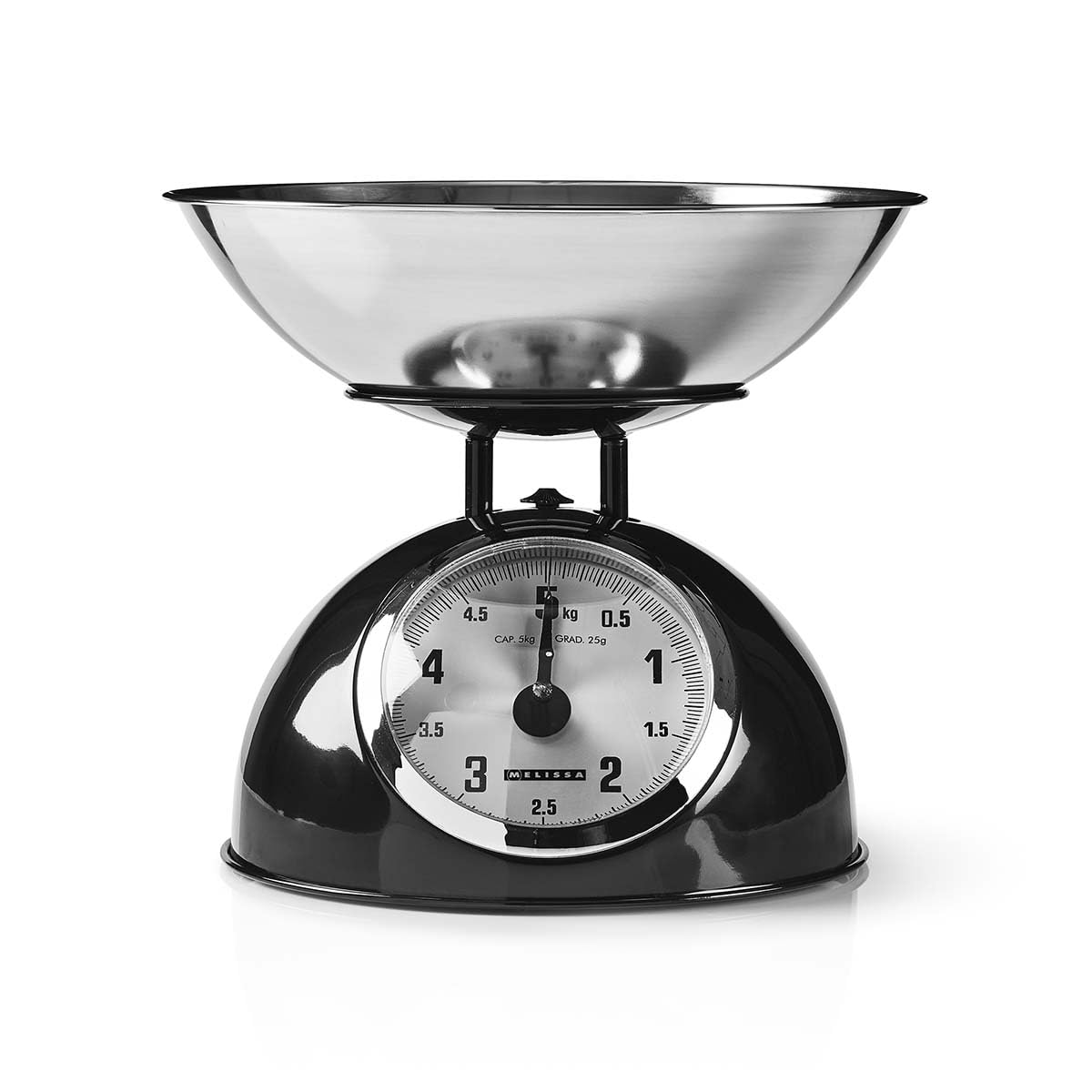 Melissa Mechanische Küchenwaage, Analog mit Edelstahlschüssel, Küchenwaage Digital, Waage Küche, Küchenwage, Küchenwaagen 5kg Kapazität, 25g Skalierung, Schwarz, Abnehmbare Schale, Metallgehäuse
