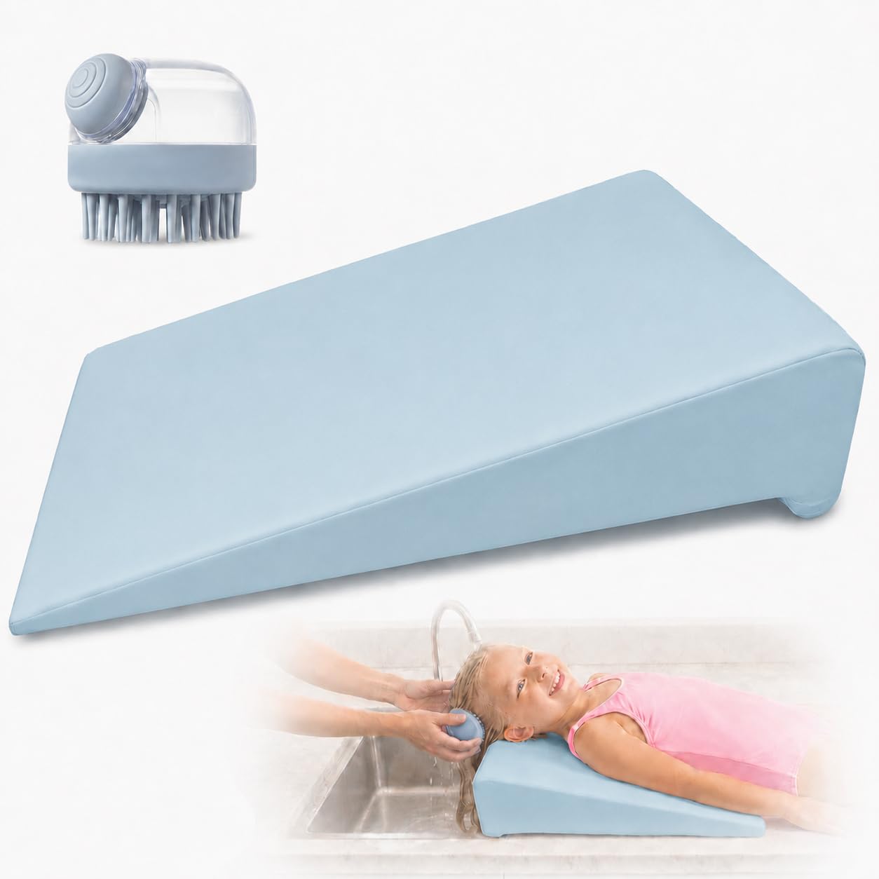 Hair Washing Station for Kids with Neck Support, Waterproof Non-Slip Shampoo Cushion, Bath Pillow & Mat, Tub Sink Basin, Portable Travel Hair Wash Solution with Hair Scrubber (Light Gray)