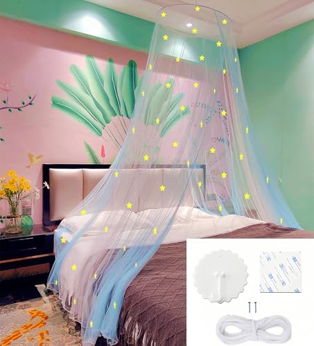 Image of Two-Tone Bed Canopy Mosquito Net, Bed Canopy for Girls Room Decor - Insect Protection Hanging Canopy for Indoor(White+Blue,Stars Glow in the Dark)