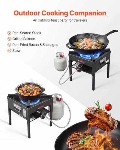 Image of VEVOR Single Burner Outdoor Propane Gas Stove, 200,000 BTU Propane LPG Gas Camping Stove, Heavy Duty Carbon Steel Outdoor Cooker, with Shield & 20 PSI Regulator, for BBQ Camp Home Patio Seafood Boil