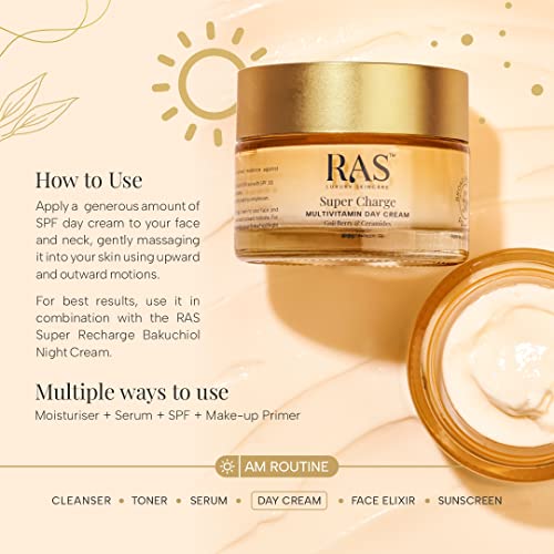 Ras Luxury Oils Super Charge Day Cream with Multivitamin SPF 30 PA++++ Goji Berry & Ceramides | Moisturizer for Glowing Skin with 72HR Hydration | Protection from UVA & UVB | Luxury Skincare | 8gm - Image 7