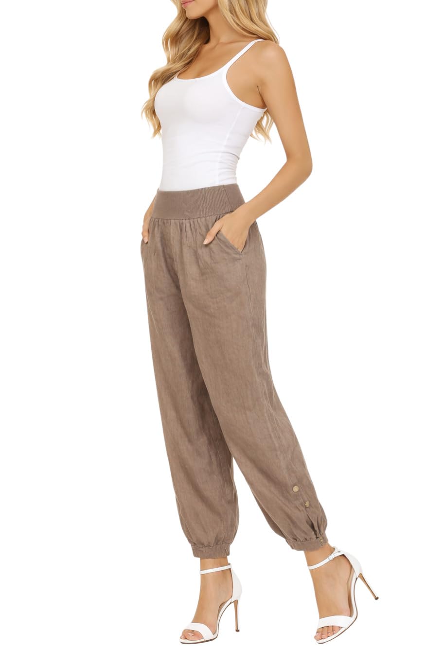Mississhop Pantalon de loisirs décontracté pour femme en toile 100 % lin avec boutons uni - Marron - W40