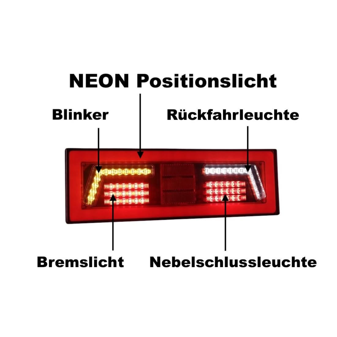 LED Rückleuchten Set 12V 24V mit Neon-Effekt 96/106 LED – 2x Rücklicht für LKW Schlepper Traktor Bagger – E9, Kombileuchte mit Rückfahrlicht & Nebelschluss (106 LED - Neon-Effekt-Licht)
