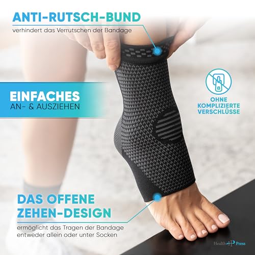 Health Press Sprunggelenkbandage – Professionelle Stützstrümpfe – Entlastung & Stabilisierung des Sprunggelenks – 2x Fußbandage, Gr. M – Medizinprodukt – Stützende Knöchelbandage – Kompressionssocken