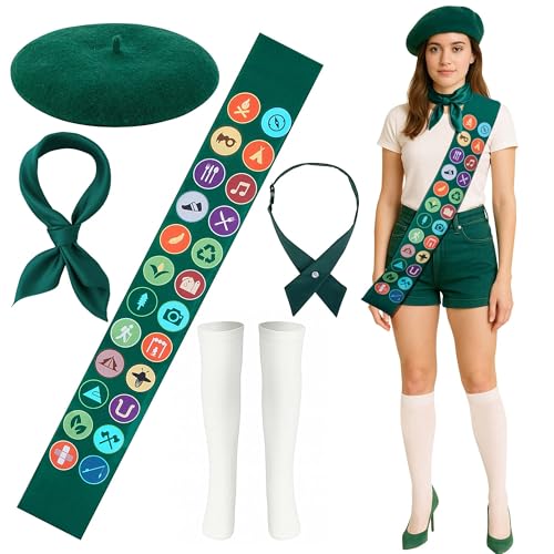 PURPLE STAR 1N 5 Pcs Halloween Scout Costume Set for Women Girls Scouts Cosplay Costume Accessories Green Scout Sash Scarf Beret Hat Bowtie Socks Outfit for Halloween Role Play Dress Up Party