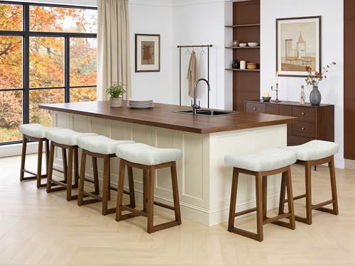 Image of Bar Stools Set of 6, Backless Counter Height Bar Stools, 24 Inch Modern Saddle Bar Stools with Walnut Legs & Upholstered Fabric Seat, Wooden Counter Stools for Kitchen Island, Cream White