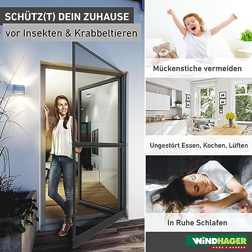 Windhager Insektenschutz Tür, 100 x 210 cm, anthrazit, Spannrahmen-Tür Expert Fliegengitter Alurahmen für Türen, 04532