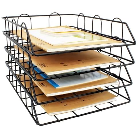 JIARI 4 Pack Desk Organizer Stackable Letter Tray Paper Organizer, Metal Desk Organizer Tray for Letter/A4 Paper Storage, for Office Supplies (Black 4 Pack) Cover