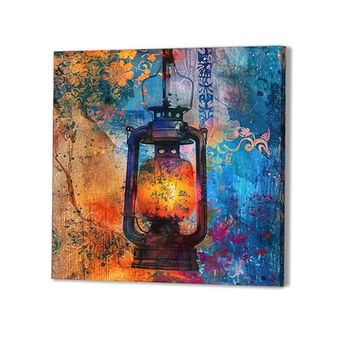 Image of PAINTINGMANTRA Vintage Lantern Artwork Stretched Canvas Painting for Living Room | Rustic Abstract Lantern Wall Decor Art For Livingroom, Bedroom, Office, Hallways - 22x22 Inch
