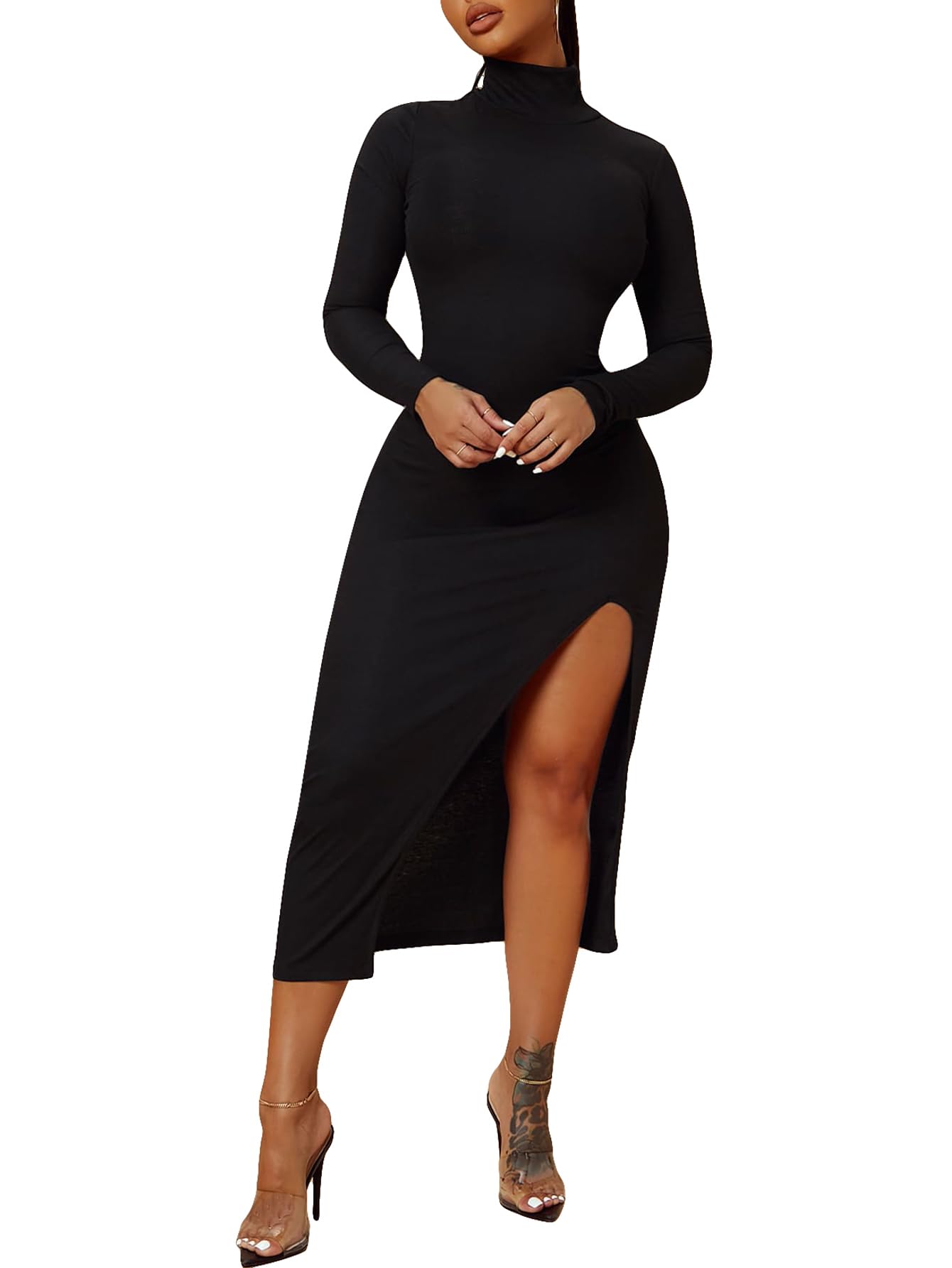 COZYEASE Women's Basic Turtleneck Long Sleeve Solid Slit Hem Midi Pencil Dress Black M