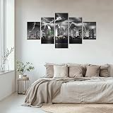 Cawpom San Diego Wall Art Black and White California Skyline Wall Decor Nature Lightning Strikes in The Clouds Picture Canvas Print Painting Poster Frame Home Living Room Decoration(60x32 inches)