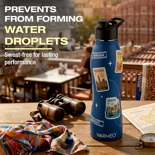 Image of WARMEO VIBE 1000 Stainless Steel Water Bottle 1000 ml | Incredible India 3D Embossed Design | Single Walled, ISI Certified I Leak Proof Lid, Rust Proof I For School, Office, Gym I Blue